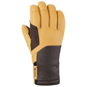 Guante de esquí Dakine Kodiak GORE‑TEX tan, vista frontal mostrando piel de cabra, puño largo y cierre ajustable.
