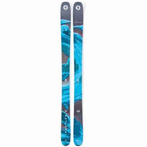 Esquís Blizzard Rustler 10 2025/2026 en azul y gris, vistos de frente .