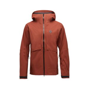 Vista frontal de la chaqueta Black Diamond Factor Shell en color iron red, mostrando su diseño técnico y bolsillos en el pecho con cremalleras impermeables.