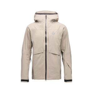 Vista frontal de la chaqueta Black Diamond Factor Shell en color moonstone, mostrando su diseño técnico con bolsillos en el pecho y cremallera central impermeable.