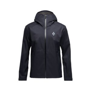 Vista frontal de la chaqueta Black Diamond Fineline Stretch Shell en color negro, mostrando su diseño minimalista y tejido impermeable elástico.