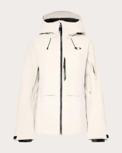 Chaqueta Oakley Canopy Insulated Mist mujer vista frontal con cremallera impermeable, diseño técnico y logotipo elegante.