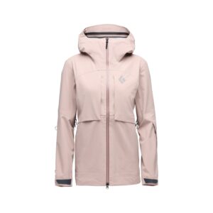 Vista frontal de la chaqueta de mujer Black Diamond Factor Shell en color pale mauve, mostrando su corte técnico y bolsillos con cremallera impermeable.