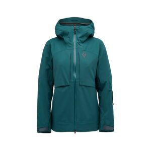 “Vista frontal de la chaqueta de mujer Black Diamond Factor Shell en color deep woods, mostrando su corte técnico y bolsillos con cremallera impermeable.”