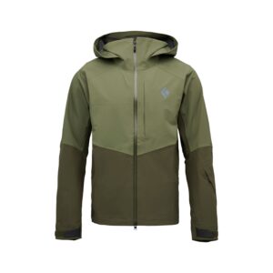Vista frontal de la chaqueta de esquí Black Diamond Recon Stretch en color tundra - dark moss, mostrando su corte técnico y bolsillos con cremallera.