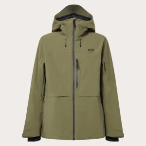 Chaqueta Oakley Canopy Insulated Jacket vista de frente, color negro, con cremallera central impermeable, capucha ajustada y logotipo Oakley en el pecho izquierdo.