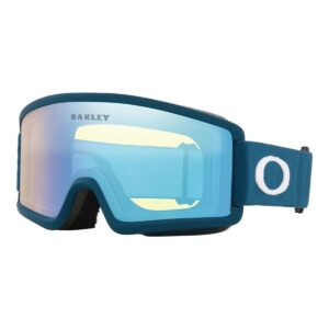 Vista diagonal de la máscara Oakley Target Line S Poseidon / Hi Yellow mostrando el marco azul mate y la lente amarilla.