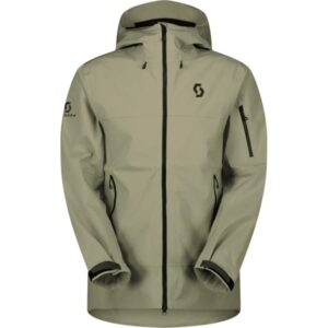 Vista frontal de la chaqueta Scott Explorair 3 Layer Dust Grey mostrando su diseño técnico y corte atlético