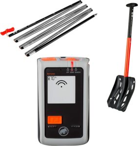Vista frontal del pack Mammut Barryvox Light con arva Barryvox, pala Alugator Light y sonda Probe 240 Light.