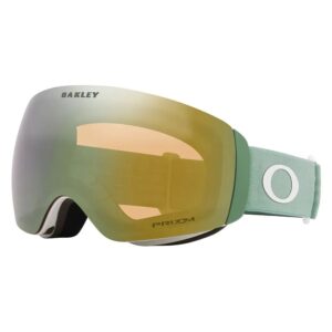 Vista diagonal de la máscara Oakley Flight Deck M Jade / Prizm Sage Gold Iridium mostrando el marco verde Jade y la lente dorada.