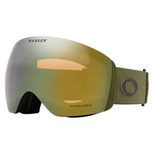 Vista diagonal de la máscara Oakley Flight Deck L Dark Brush / Prizm Sage Gold mostrando el marco Dark Brush y la lente espejada Sage Gold.