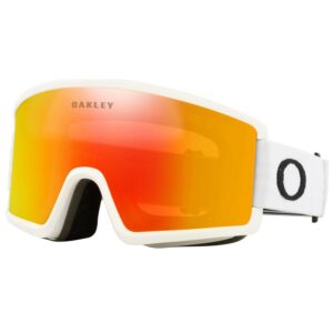 Vista frontal de la máscara Oakley Target Line M Matte White / Prizm Fire Iridium mostrando la lente espejada roja.