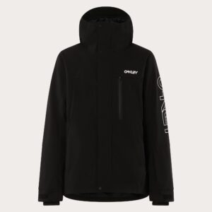Chaqueta Oakley TNP TBT Insulated Black vista de frente, con cremallera central impermeable y logotipo Oakley blanco en el pecho izquierdo.