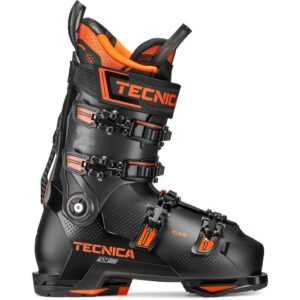 Bota de esquí Tecnica Mach1 LV 120 TD2 GW negra vista lateral, mostrando el diseño aerodinámico y las hebillas metálicas.