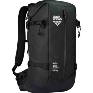 Mochila Black Crows Dorsa 27 Black White vista frontal con diseño técnico y logo Black Crows