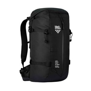 Mochila Black Crows Dorsa 37 Black White vista frontal con diseño técnico y logo Black Crows